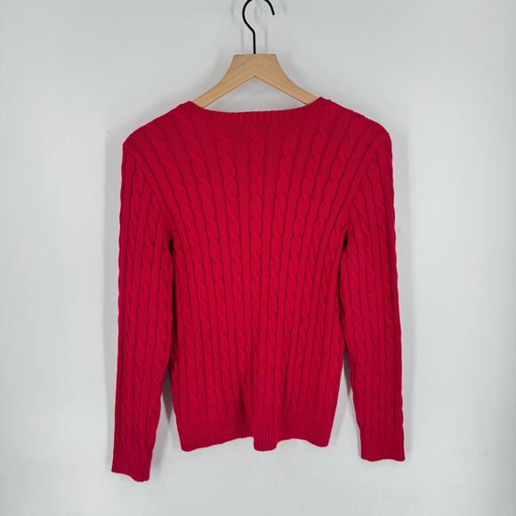 Lauren Ralph Lauren Red Cable Knit Sweater Gold Crest Logo Patch Size Large - Picture 2 of 8